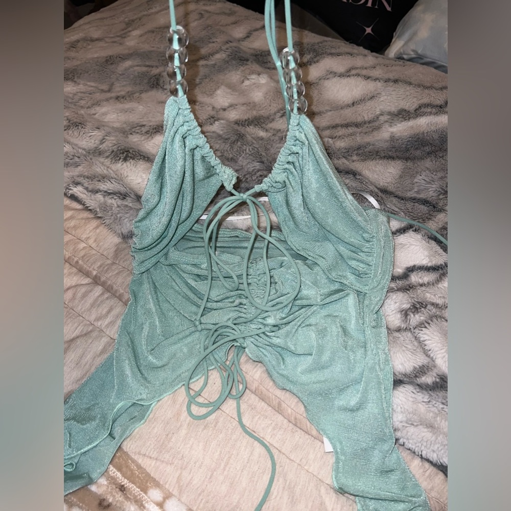 Y2K lights green mini skirt set with beads
